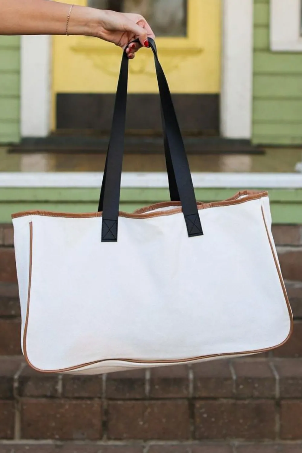 Clearance Dear-Lover Vacation BREATHE Contrast Trim Large Tote Bag White