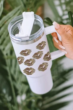 Sale Dear-Lover Valentine Leopard Lips Print Thermos Cup with Straw 40oz White