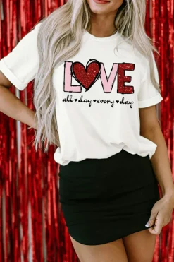 Fashion Dear-Lover Valentine LOVE Heart Shape Crew Neck Graphic Tee White