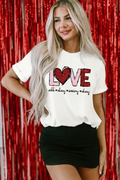 Fashion Dear-Lover Valentine LOVE Heart Shape Crew Neck Graphic Tee White