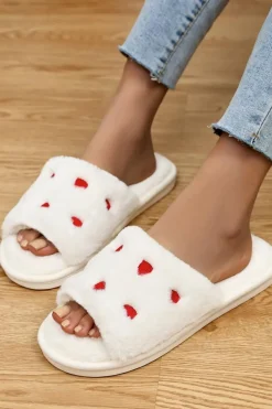 Fashion Dear-Lover Valentines Heart Embroidered Fuzzy Winter House Slippers White
