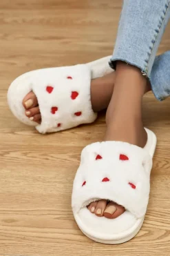 Fashion Dear-Lover Valentines Heart Embroidered Fuzzy Winter House Slippers White