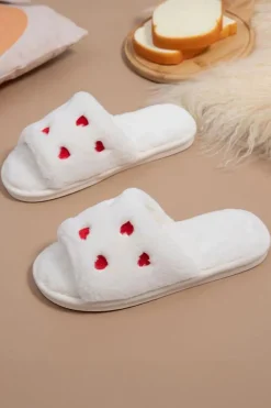 Fashion Dear-Lover Valentines Heart Embroidered Fuzzy Winter House Slippers White