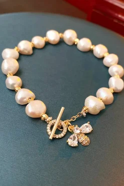 Best Dear-Lover Vintage Bee Rhinestone Baroque Pearl Bracelet White