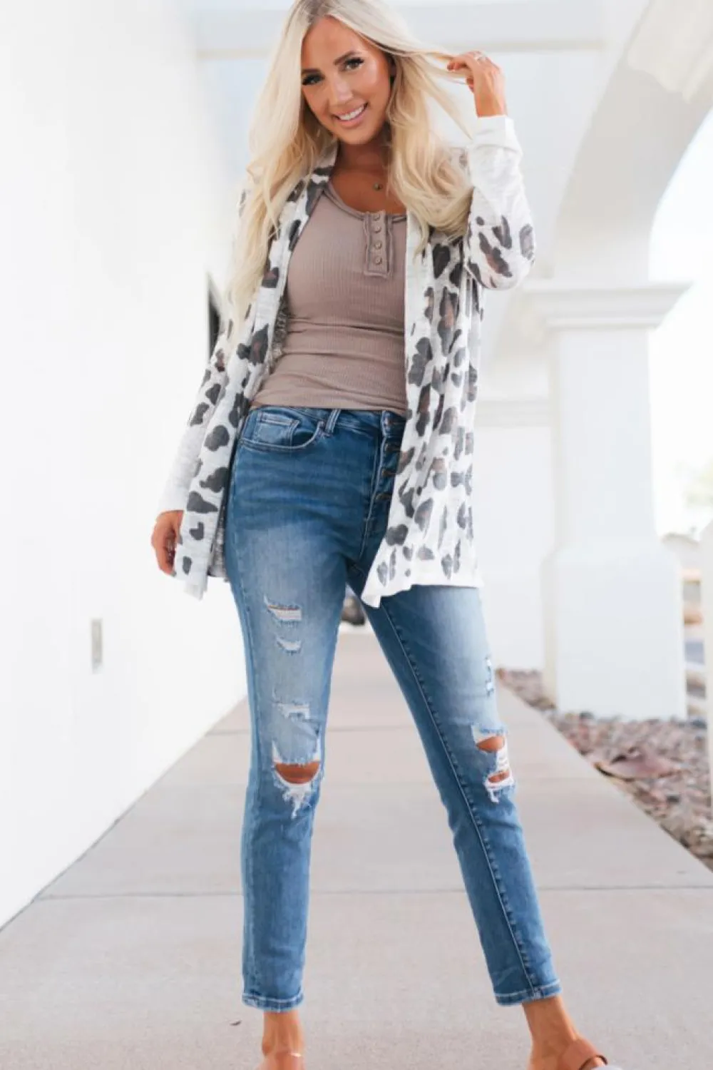 Discount Dear-Lover Vintage Leopard Print Open Cardigan White