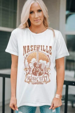 Fashion Dear-Lover Vintage NASHVILLE Music City Crewneck Graphic T Shirt White