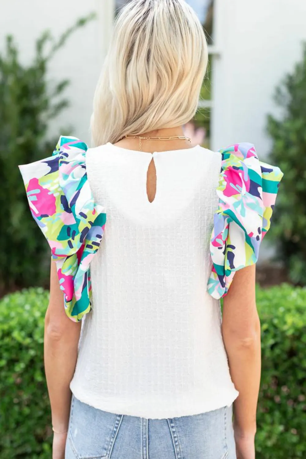 New Dear-Lover Voluminous Printed Puff Sleeve Textured Top White