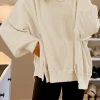 Discount Dear-Lover Waffle knit Bishop Sleeve Split Oversized Top White