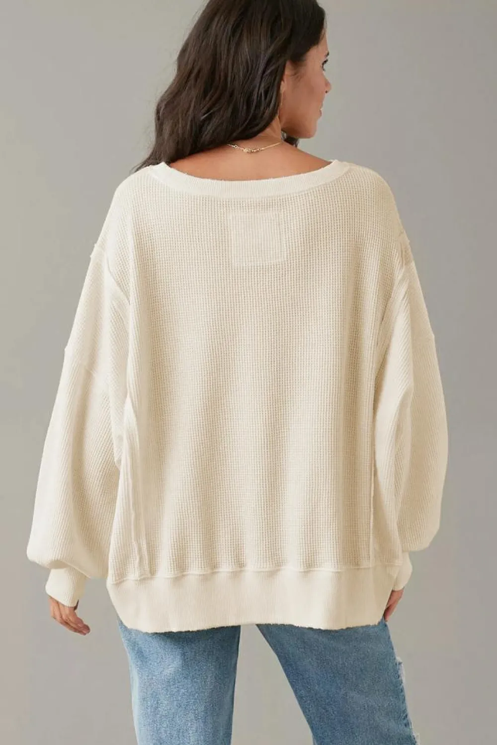 Discount Dear-Lover Waffle knit Bishop Sleeve Split Oversized Top White