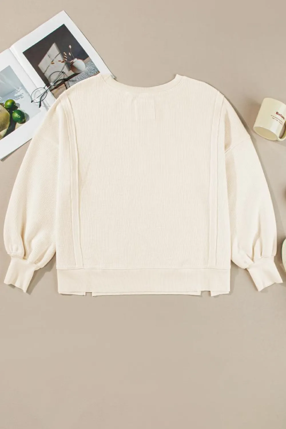 Discount Dear-Lover Waffle knit Bishop Sleeve Split Oversized Top White