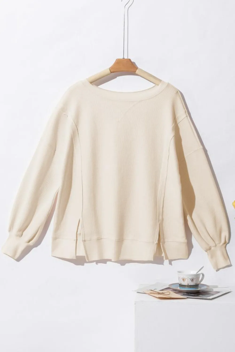 Discount Dear-Lover Waffle knit Bishop Sleeve Split Oversized Top White