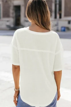 Clearance Dear-Lover Waffle Knit Drop Shoulder Loose Top White