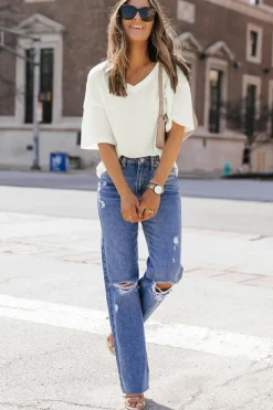 Clearance Dear-Lover Waffle Knit Drop Shoulder Loose Top White