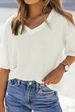 Clearance Dear-Lover Waffle Knit Drop Shoulder Loose Top White