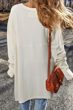 Online Dear-Lover Waffle Knit Exposed Seam V Neck Oversized Top White