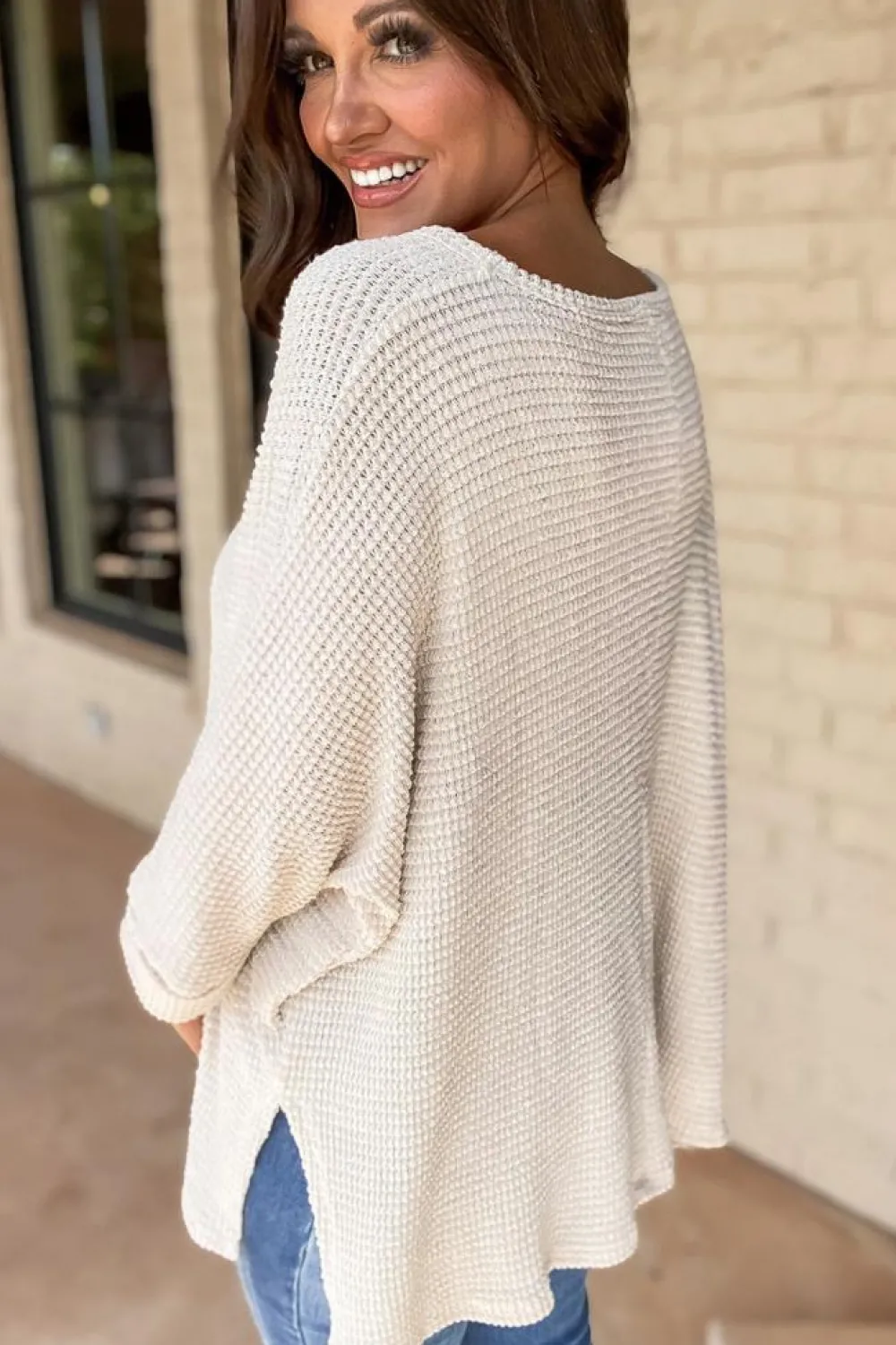 New Dear-Lover Waffle Knit Side Slits Loose Fit V Neck Top White