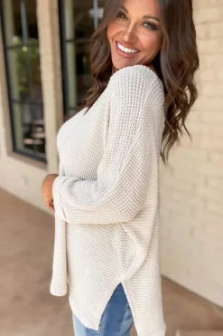 New Dear-Lover Waffle Knit Side Slits Loose Fit V Neck Top White