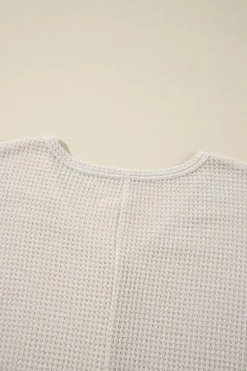 New Dear-Lover Waffle Knit Side Slits Loose Fit V Neck Top White