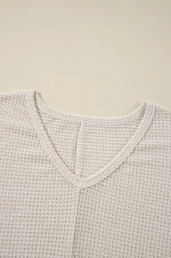 New Dear-Lover Waffle Knit Side Slits Loose Fit V Neck Top White