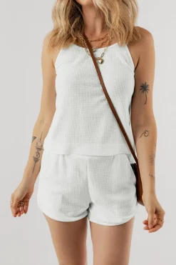 Fashion Dear-Lover Waffle Knit Textured Spaghetti Straps Cami and Shorts Set White