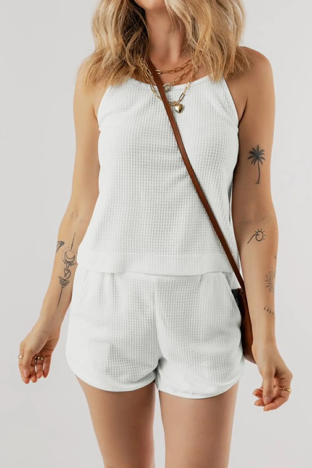 Fashion Dear-Lover Waffle Knit Textured Spaghetti Straps Cami and Shorts Set White