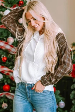 Discount Dear-Lover Waffle Patch Plaid Sleeve Kangaroo Pocket Hoodie White
