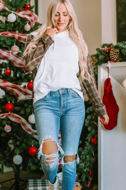 Discount Dear-Lover Waffle Patch Plaid Sleeve Kangaroo Pocket Hoodie White