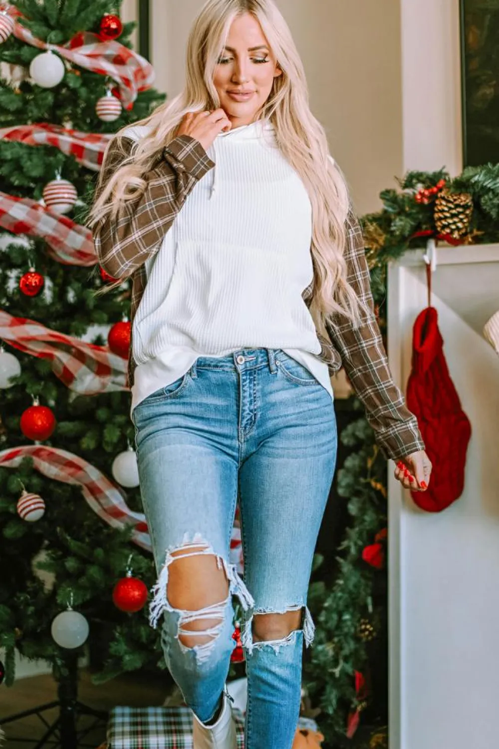 Discount Dear-Lover Waffle Patch Plaid Sleeve Kangaroo Pocket Hoodie White
