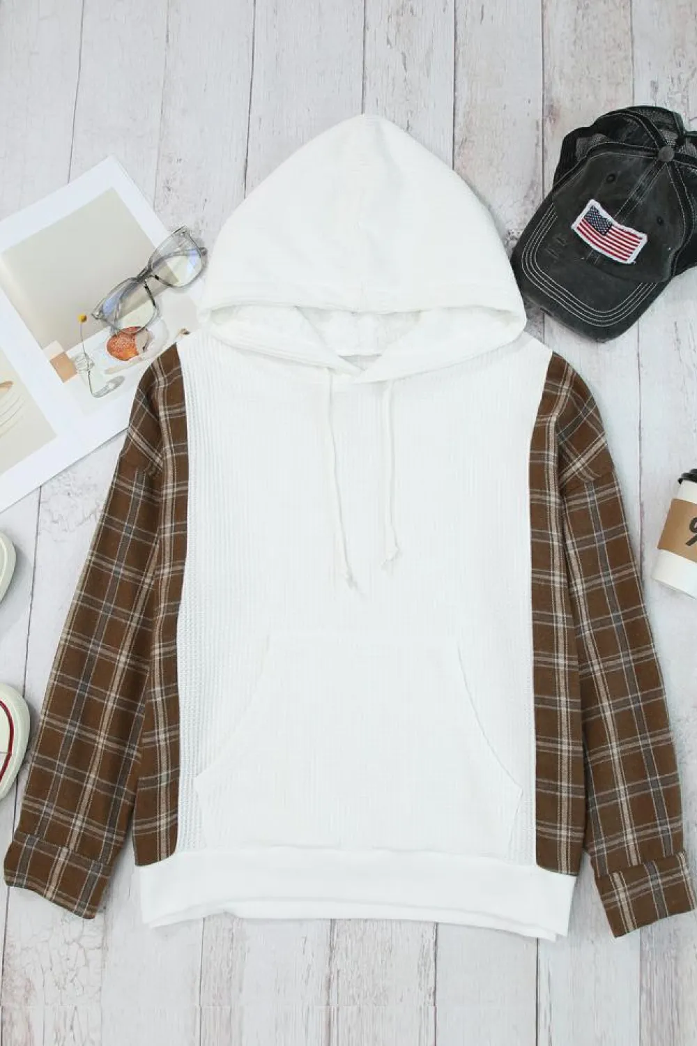Discount Dear-Lover Waffle Patch Plaid Sleeve Kangaroo Pocket Hoodie White