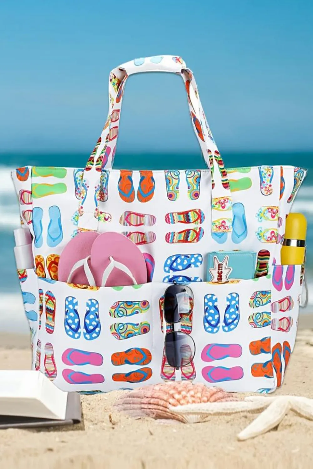 Hot Dear-Lover Waterproof Slippers Pattern Beach Tote Bag White