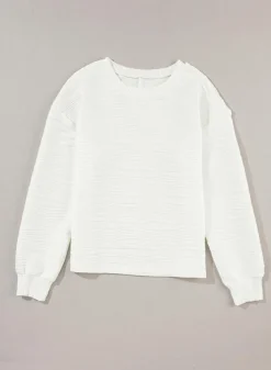 Online Dear-Lover Wavy Texture Drop Shoulder Long Sleeve Top White