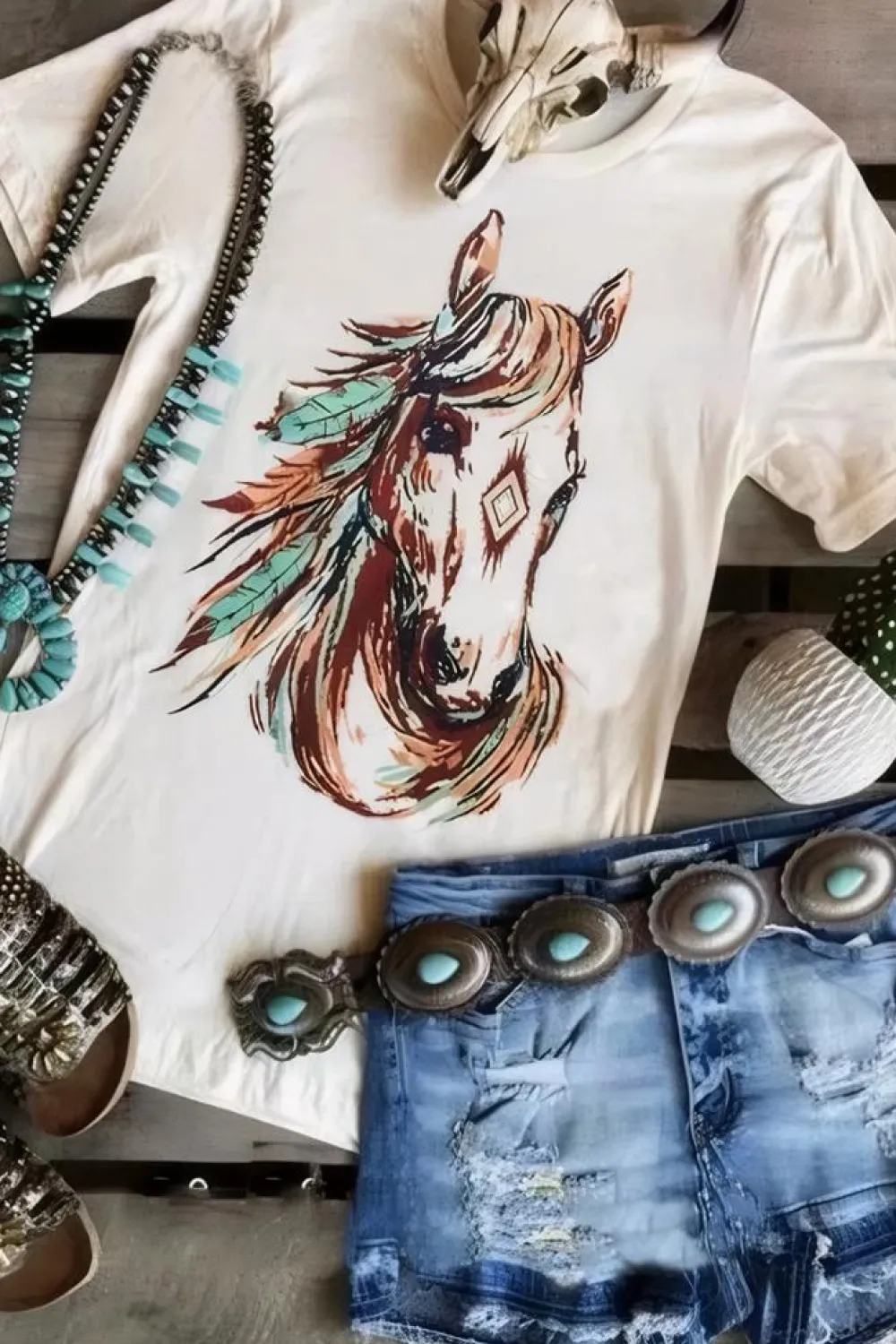 Discount Dear-Lover Western Aztec Horse Graphic Crewneck Tee White