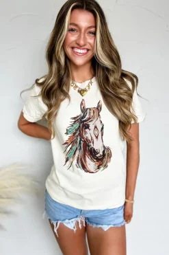 Discount Dear-Lover Western Aztec Horse Graphic Crewneck Tee White