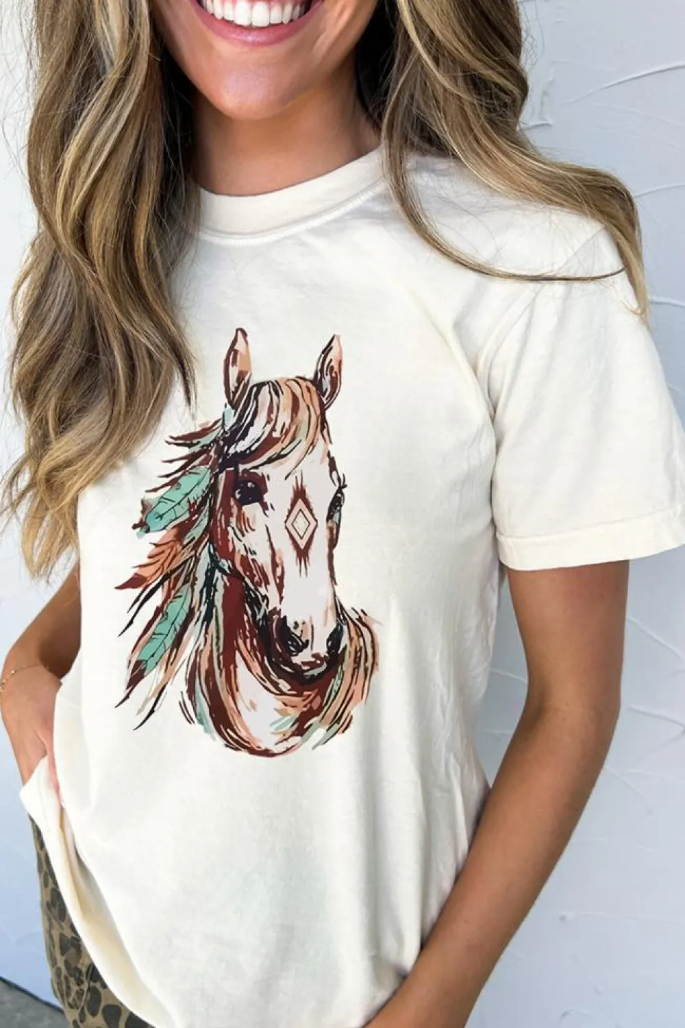 Discount Dear-Lover Western Aztec Horse Graphic Crewneck Tee White