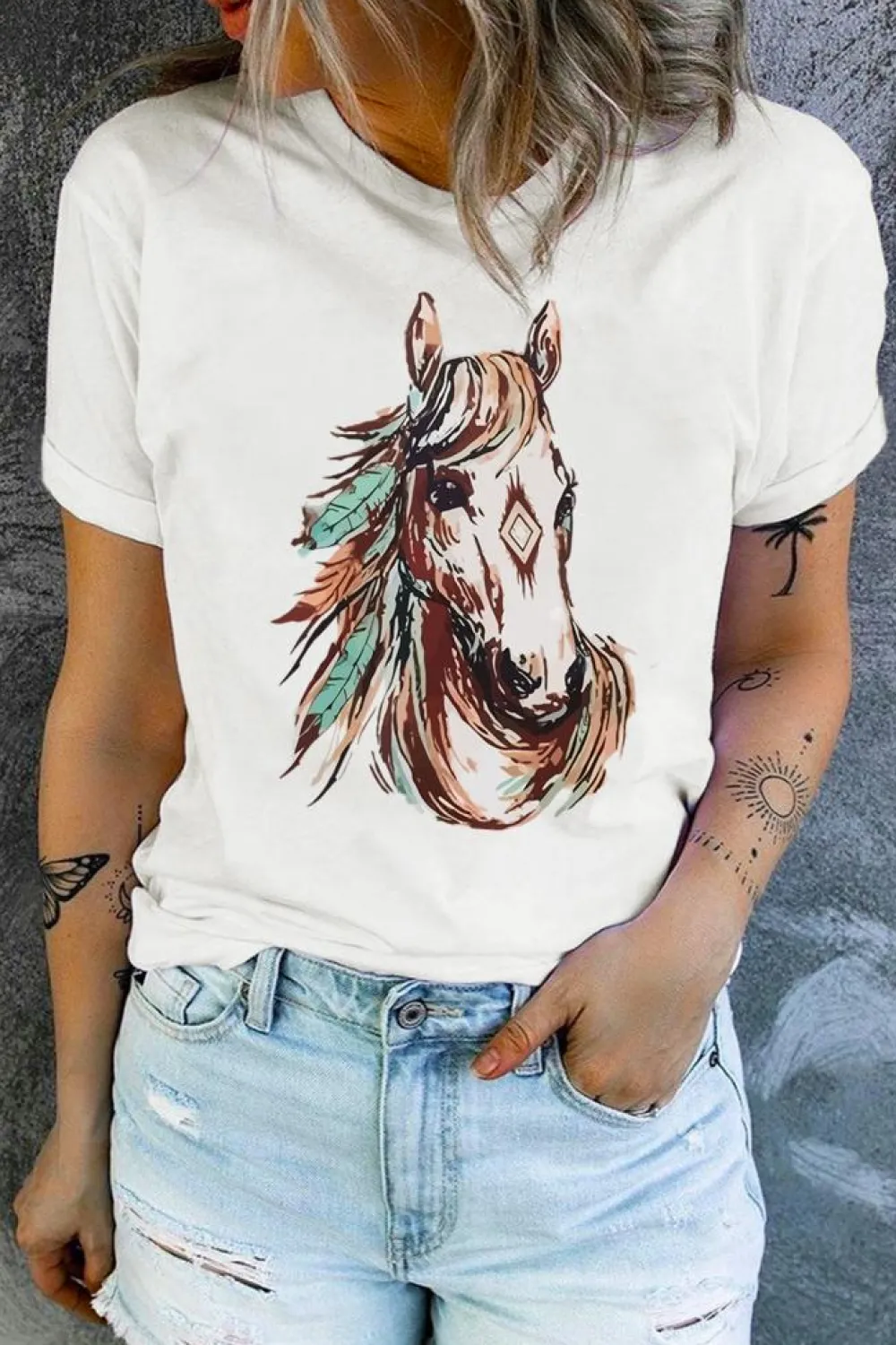 Discount Dear-Lover Western Aztec Horse Graphic Crewneck Tee White