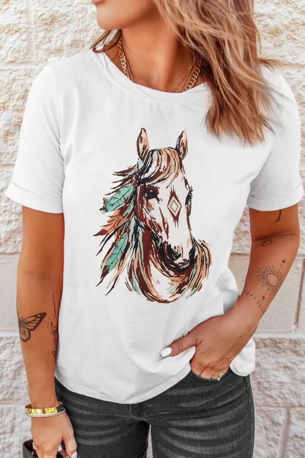 Discount Dear-Lover Western Aztec Horse Graphic Crewneck Tee White