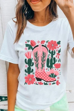 Fashion Dear-Lover Western Boots Flower Print Round Neck T Shirt White