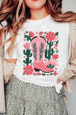 Fashion Dear-Lover Western Boots Flower Print Round Neck T Shirt White
