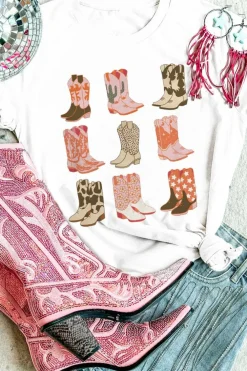 New Dear-Lover Western Cowboy Boots Print Round Neck T Shirt White