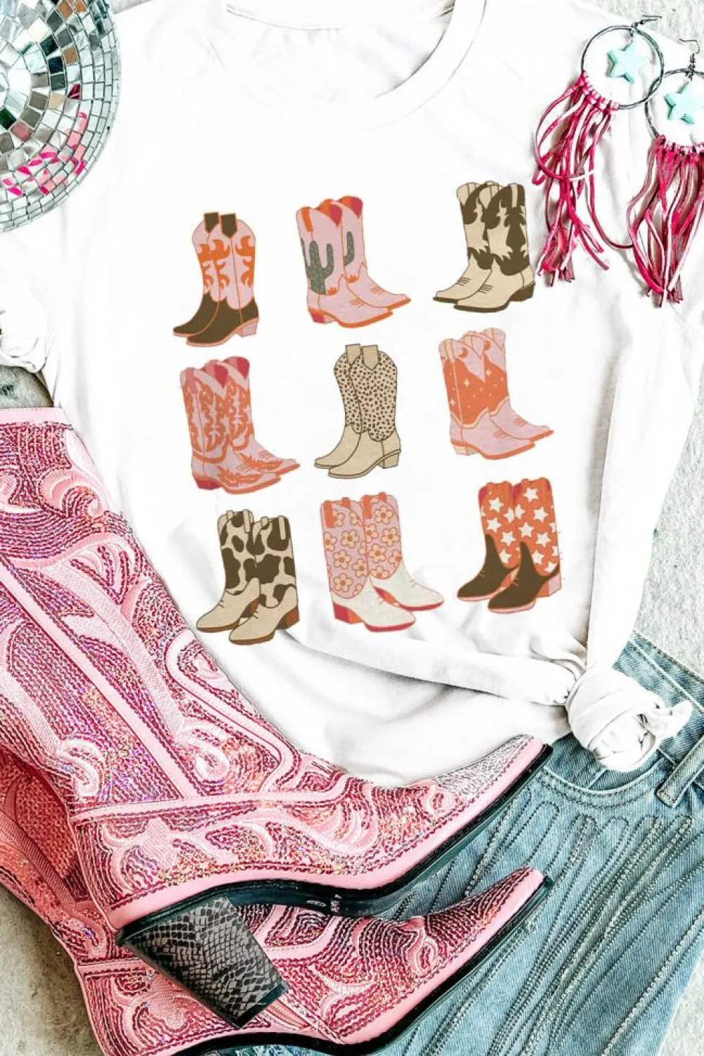 New Dear-Lover Western Cowboy Boots Print Round Neck T Shirt White