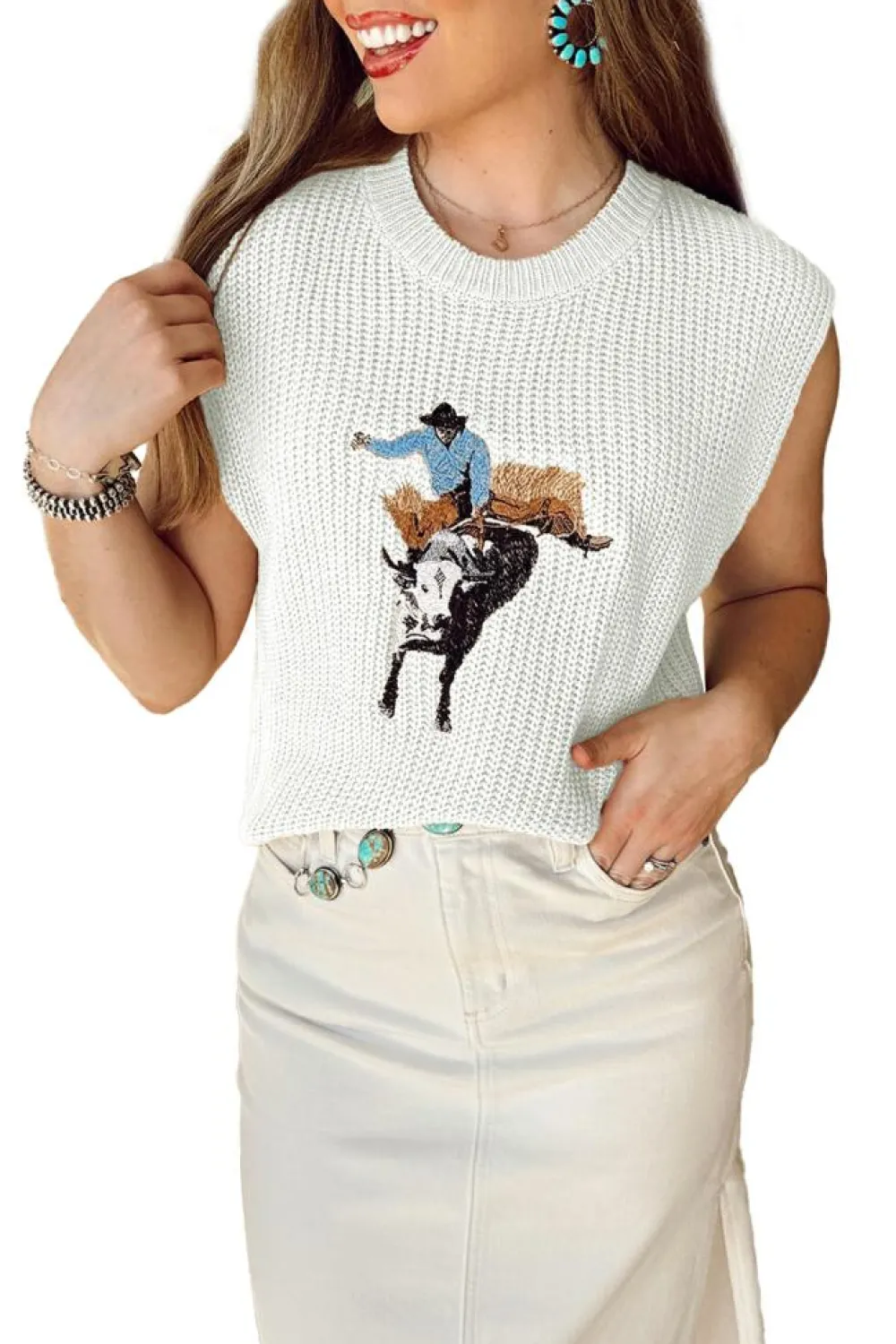 Hot Dear-Lover Western Cowboy Embroidery Round Neck Sleeveless Sweater White