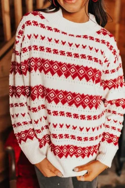 Best Dear-Lover Western Geometric Patterned Crew Neck Loose Sweater White
