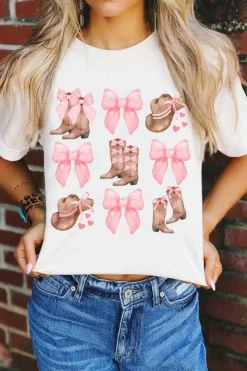 Outlet Dear-Lover Western Hat Boots Bow Knot Casual Graphic T Shirt White