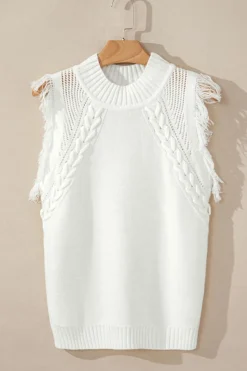 New Dear-Lover Woven Tasseled Sleeveless Mock Neck Sweater Vest White