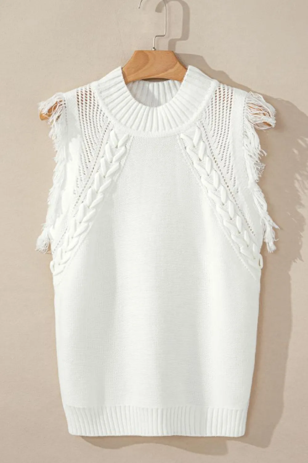 New Dear-Lover Woven Tasseled Sleeveless Mock Neck Sweater Vest White