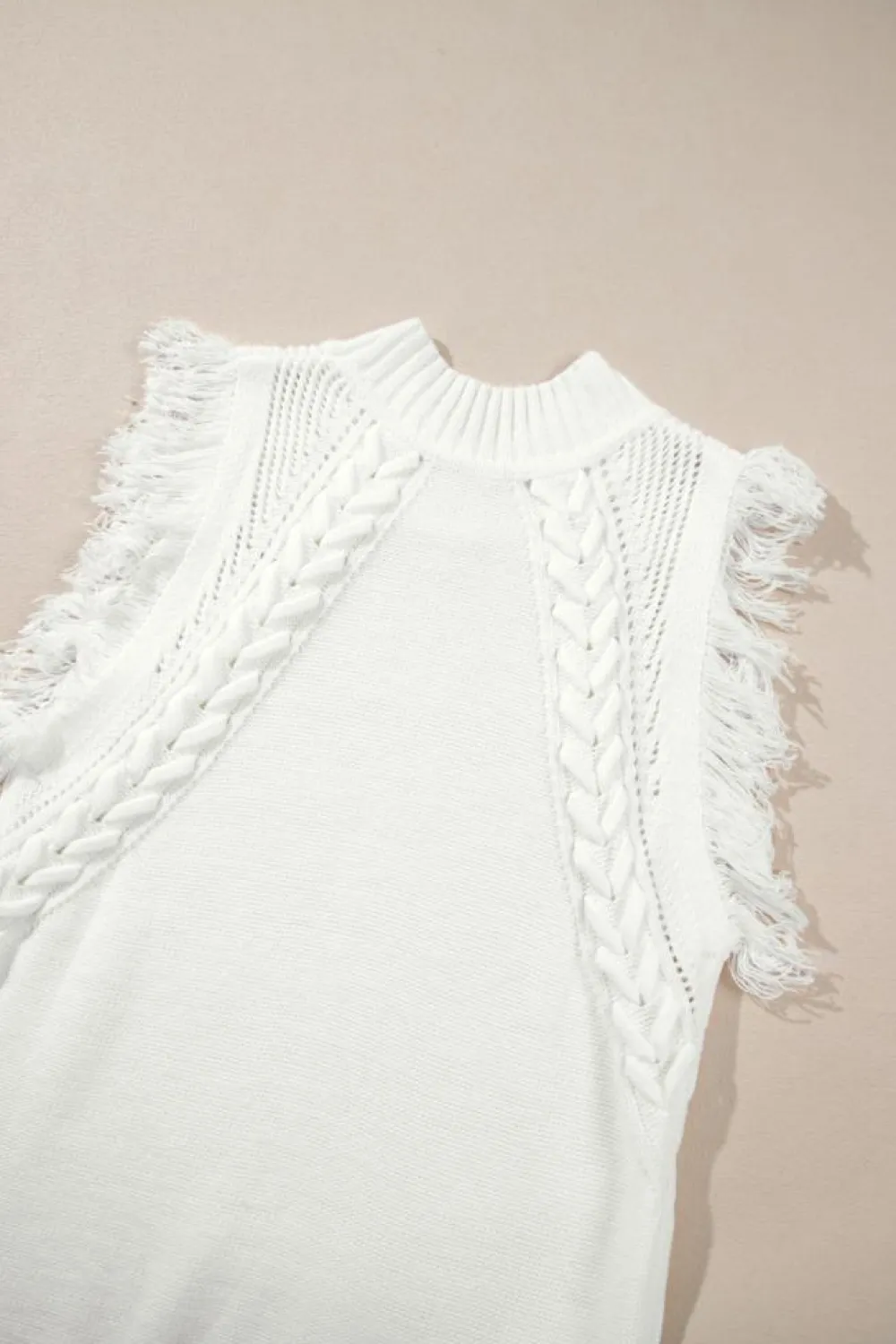 New Dear-Lover Woven Tasseled Sleeveless Mock Neck Sweater Vest White