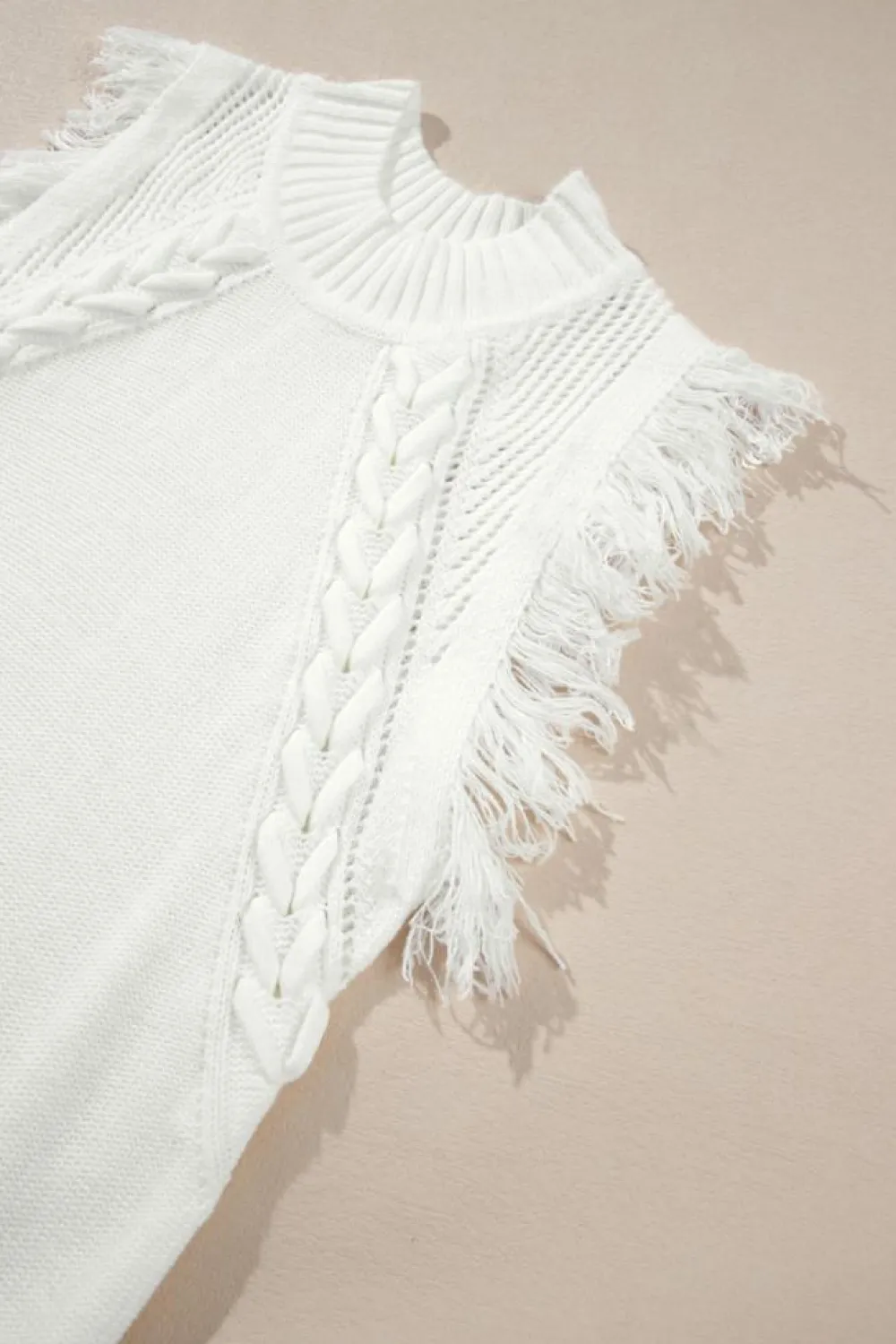 New Dear-Lover Woven Tasseled Sleeveless Mock Neck Sweater Vest White