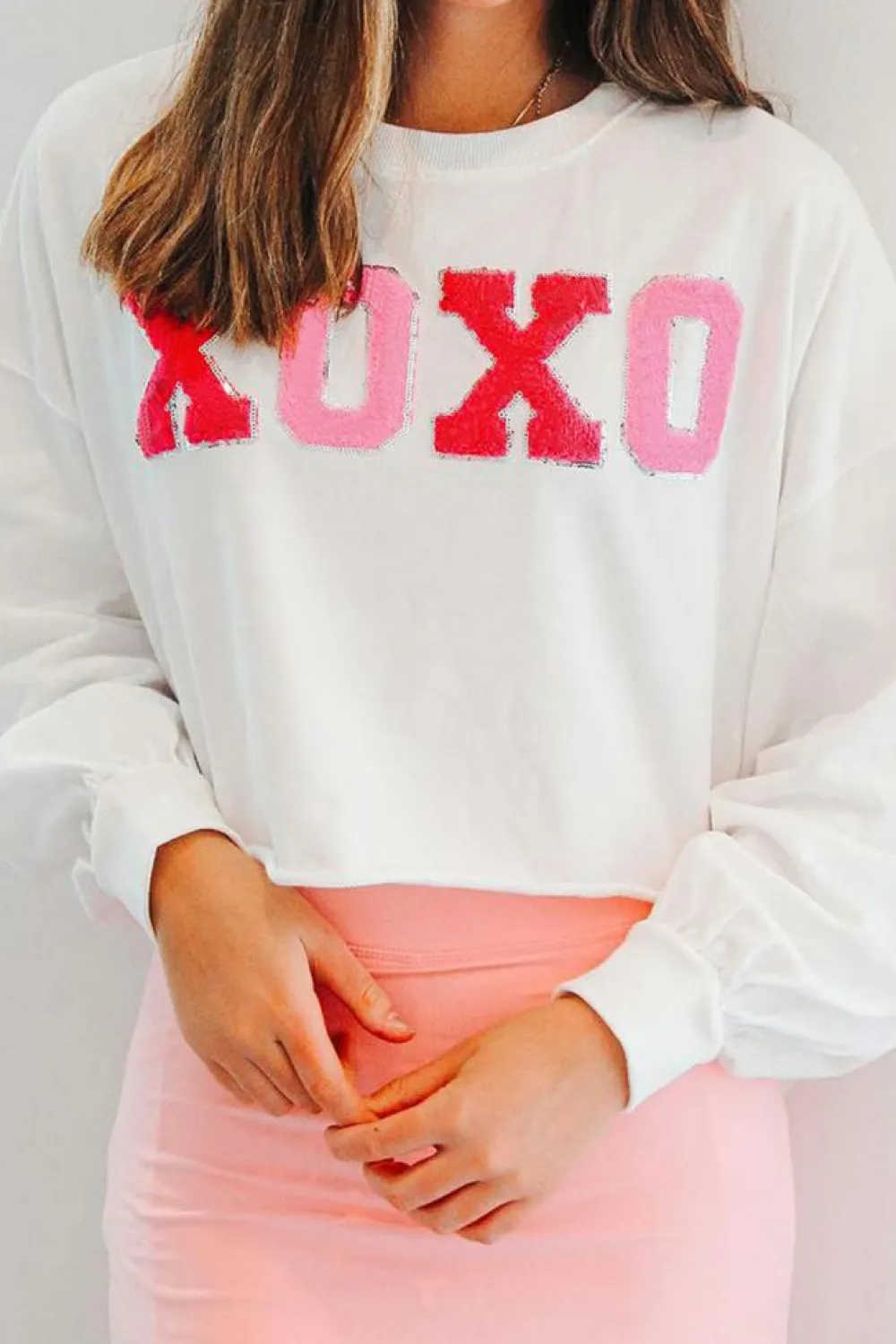 New Dear-Lover XOXO Chenille Letter Graphic Valentine Pullover Sweatshirt White