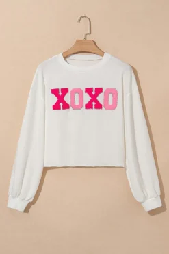 New Dear-Lover XOXO Chenille Letter Graphic Valentine Pullover Sweatshirt White