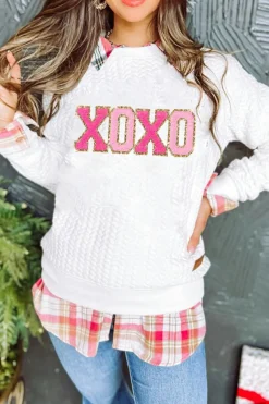 Hot Dear-Lover XOXO Glitter Chenille Cable Knit Pullover Sweatshirt White